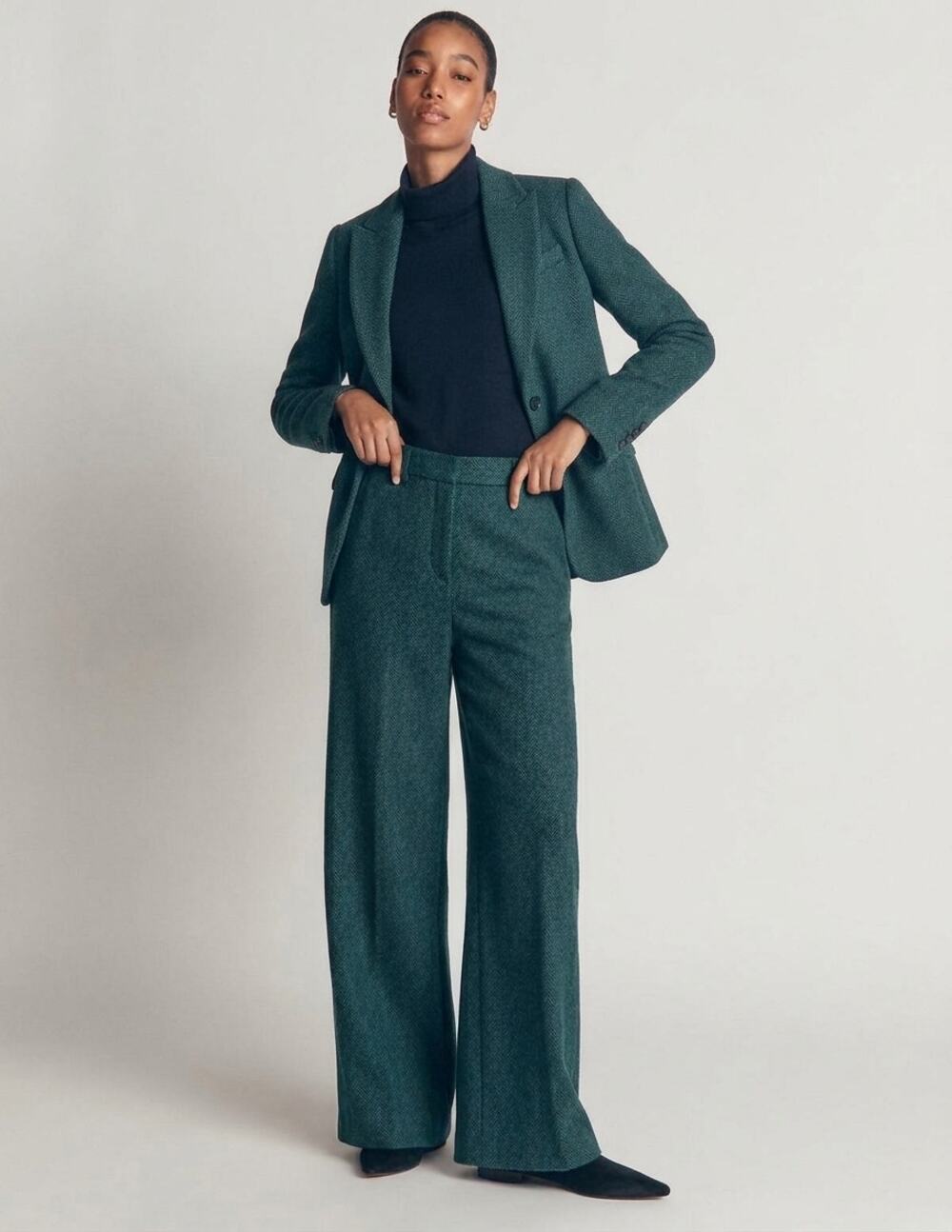 Boden Belgravia Wool Blend Pants Green Navy US 14R Regular Pleated NWT Wide Leg